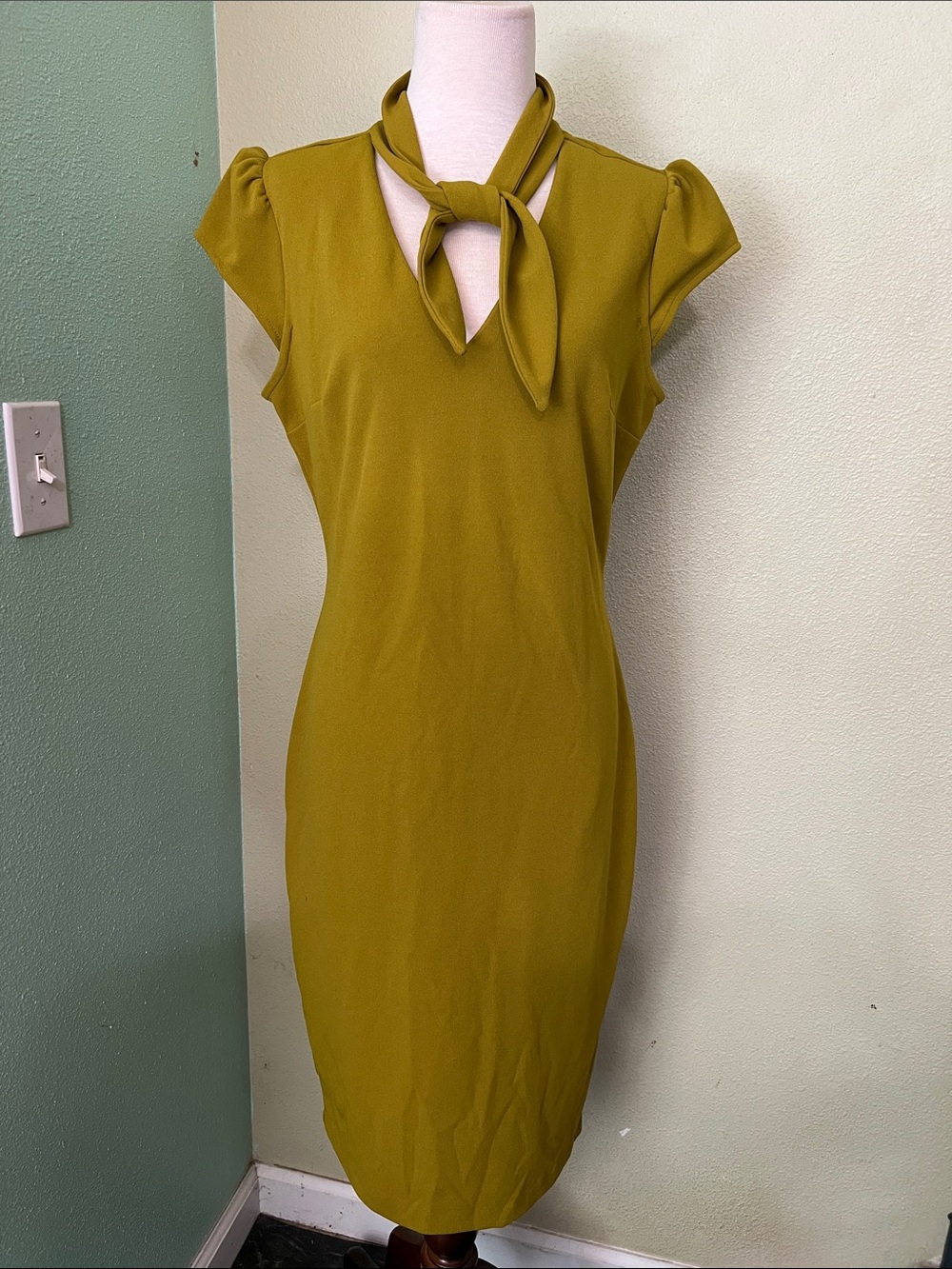 New York & Company Olive Green Tie-Neck Midi Dress